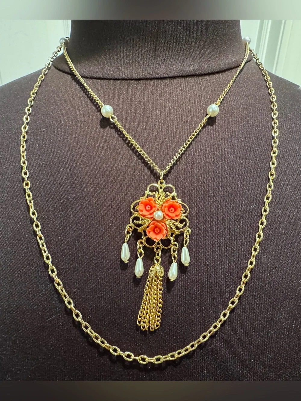 VTG Victorian Revival Double Strand Faux Coral Rose & Pearl Tassel Necklace